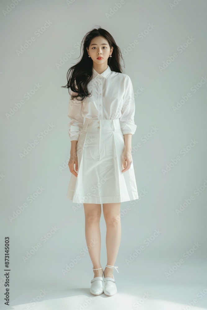 A woman in a white dress is posing for a photo A woman in a white dress is posing for a photo