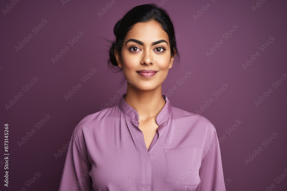 Portrait of a content indian woman in her 30s donning a classy polo shirt in front of soft purple background Portrait of a content indian woman in her 30s donning a classy polo shirt in front of soft purple background