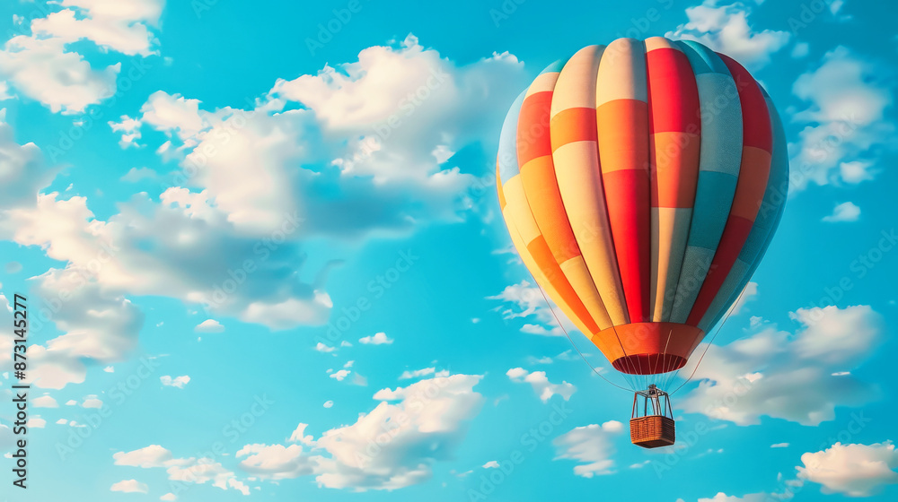 A hot air balloon floating in the sky with white clouds A hot air balloon floating in the sky with white clouds
