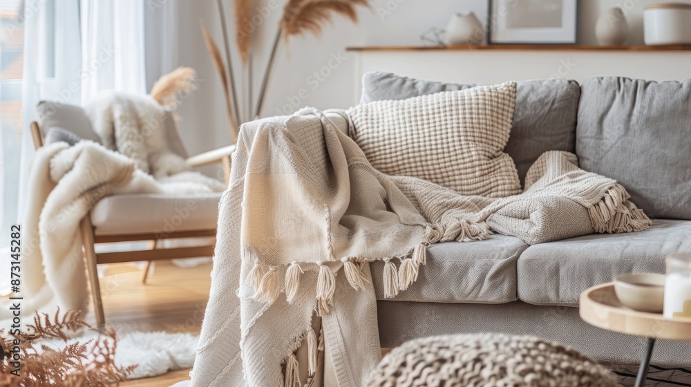 Hygge interior featuring cozy bed throw on grey couch armchair with plaid in bedroom and sofa on wooden floor Hygge interior featuring cozy bed throw on grey couch armchair with plaid in bedroom and sofa on wooden floor
