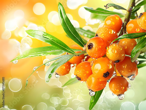Juicy ripe sea buckthorn berries in droplets of water. Neural network AI generated art