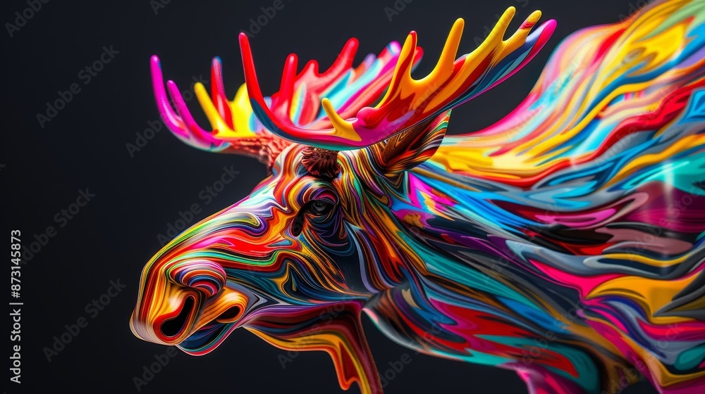 Obraz premium Digital painting of a moose head, vibrant multi-colored streaks flowing from antlers, intricate details, dynamic and surreal