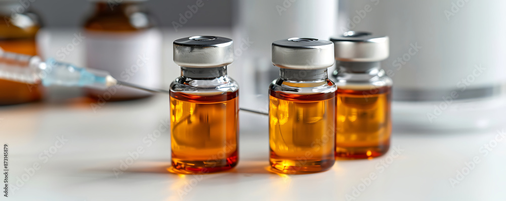 Close-up of four vials filled with a yellow liquid, representing testosterone, trenbolone, and nandrolone steroids, alongside a syringe Close-up of four vials filled with a yellow liquid, representing testosterone, trenbolone, and nandrolone steroids, alongside a syringe