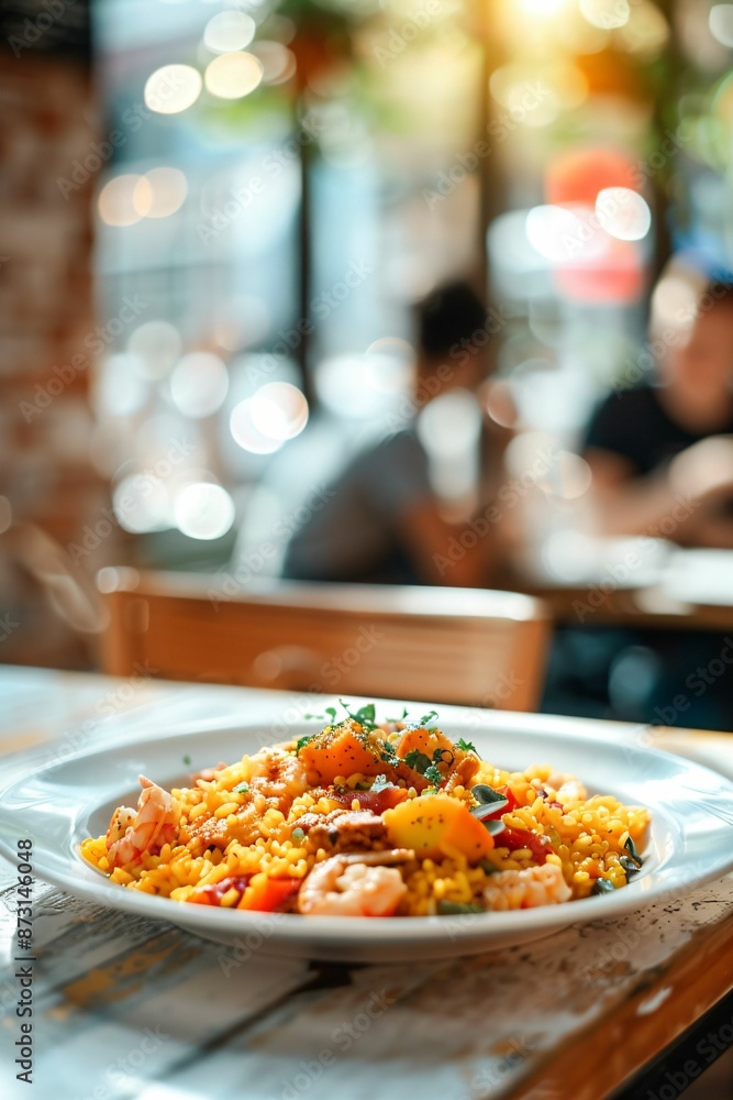 Paella espagnole dans une assiette blanche, riz jaune et garniture, ia générative Paella espagnole dans une assiette blanche, riz jaune et garniture, ia générative