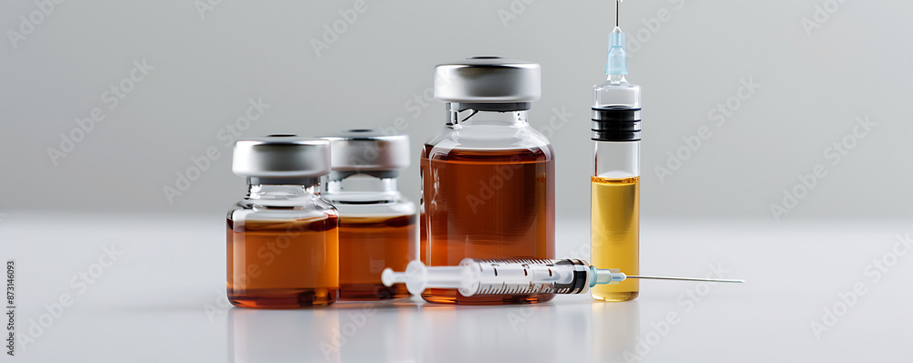 Close-up of four vials filled with a yellow liquid, representing testosterone, trenbolone, and nandrolone steroids, alongside a syringe Close-up of four vials filled with a yellow liquid, representing testosterone, trenbolone, and nandrolone steroids, alongside a syringe
