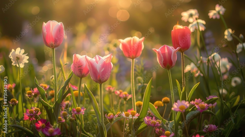 Pink tulips and other flowers in a sunny sunset meadow Pink tulips and other flowers in a sunny sunset meadow