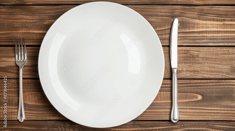 Empty plate and cutlery from top view, wooden background, isolated with studio lighting, clear and high-quality image, ideal for food advertising Empty plate and cutlery from top view, wooden background, isolated with studio lighting, clear and high-quality image, ideal for food advertising