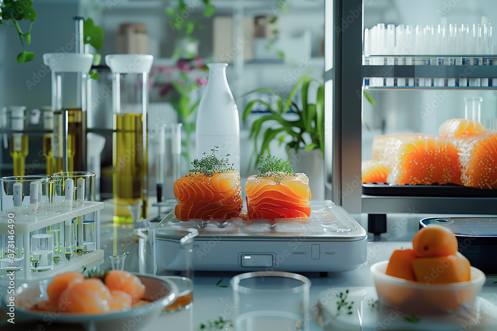 Food science concept. A lab technician carefully weighs two pieces of ...