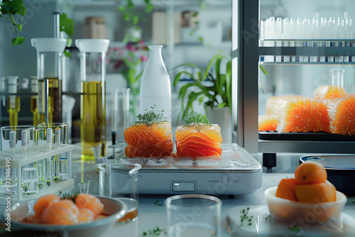 Food science concept. A lab technician carefully weighs two pieces of salmon on a scale. In the background, there are shelves of beakers and other lab equipment. Generative ai. photo