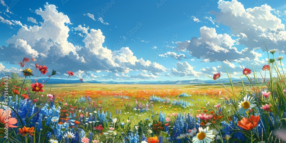 Fototapeta premium A Vibrant Field of Blooming Flowers under a Clear Blue Sky