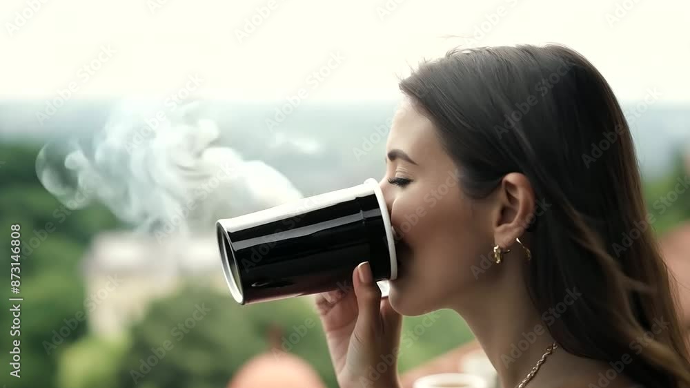 A serene image of a young woman enjoying a cup of coffee on a terrace. She is seated comfortably, savoring her drink while taking in the view A serene image of a young woman enjoying a cup of coffee on a terrace. She is seated comfortably, savoring her drink while taking in the view