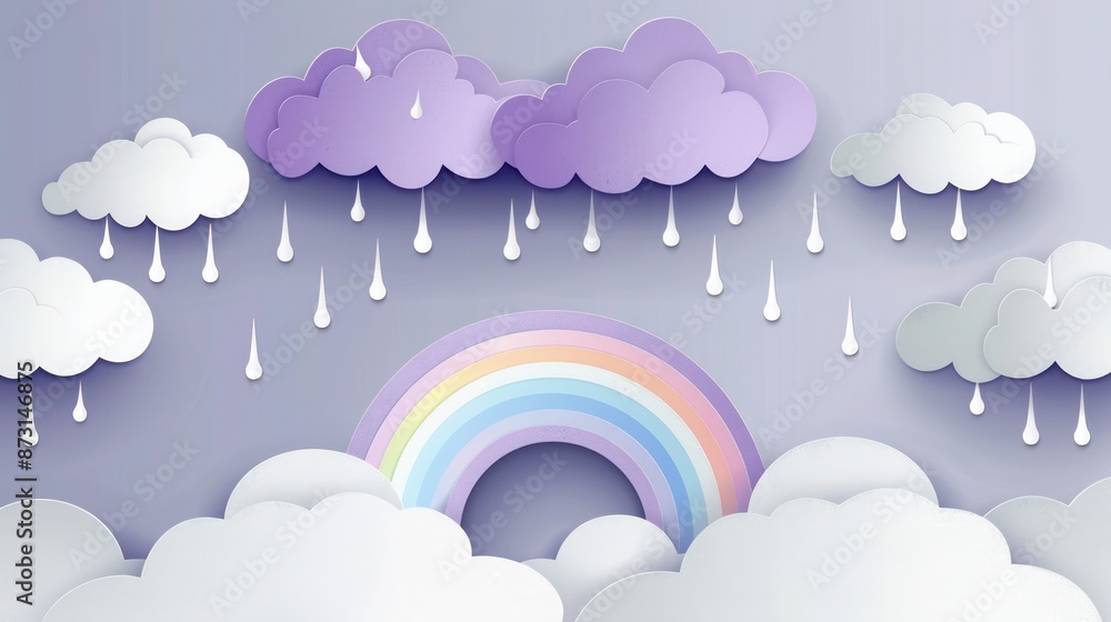 An artistic paper art and craft style clouds and rain banner featuring purple clouds at the top, An artistic paper art and craft style clouds and rain banner featuring purple clouds at the top,