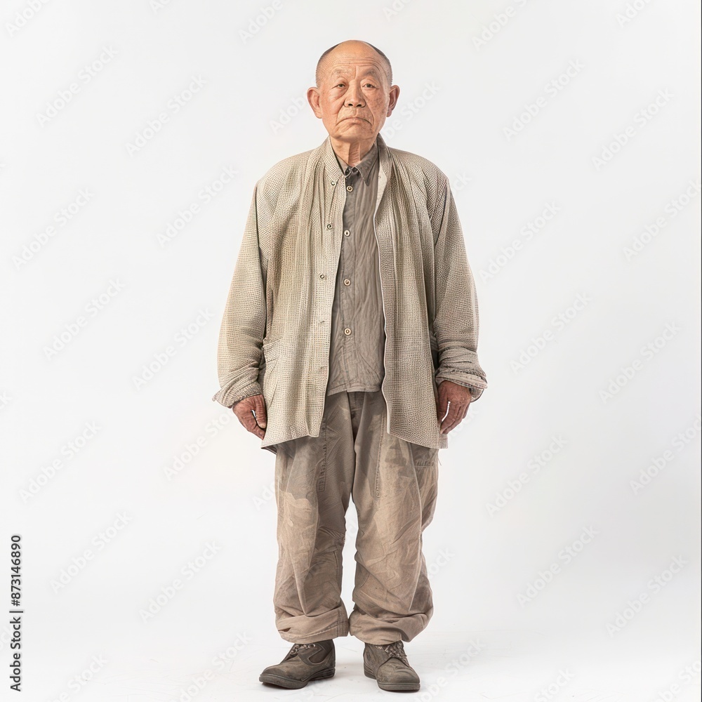 A man in a white sweatshirt and tan pants is standing on a white background A man in a white sweatshirt and tan pants is standing on a white background