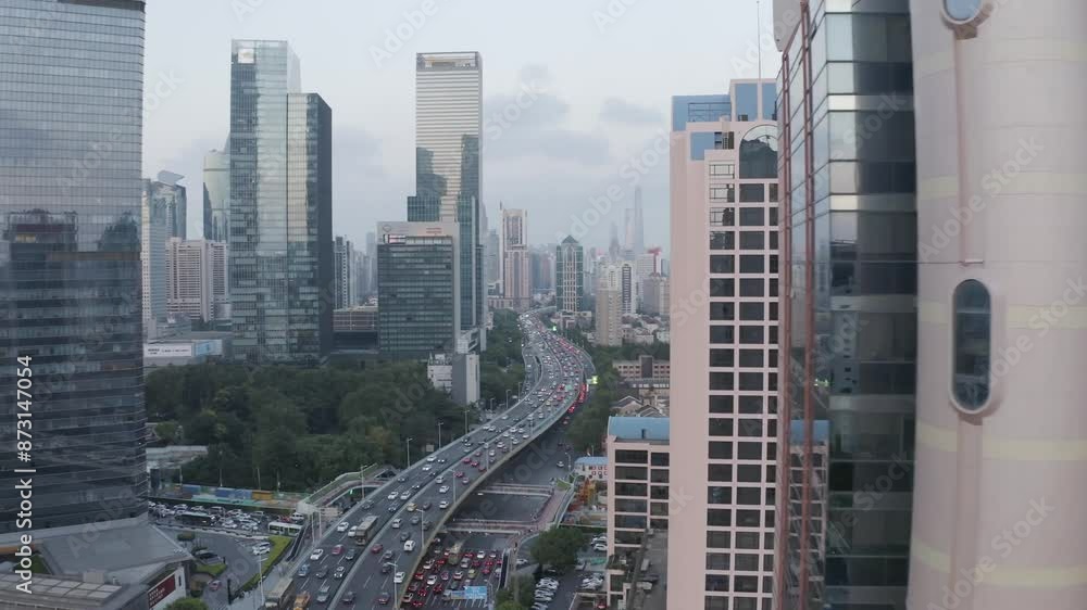 Aerial shot of Shanghai city financial district skyline in China Aerial shot of Shanghai city financial district skyline in China