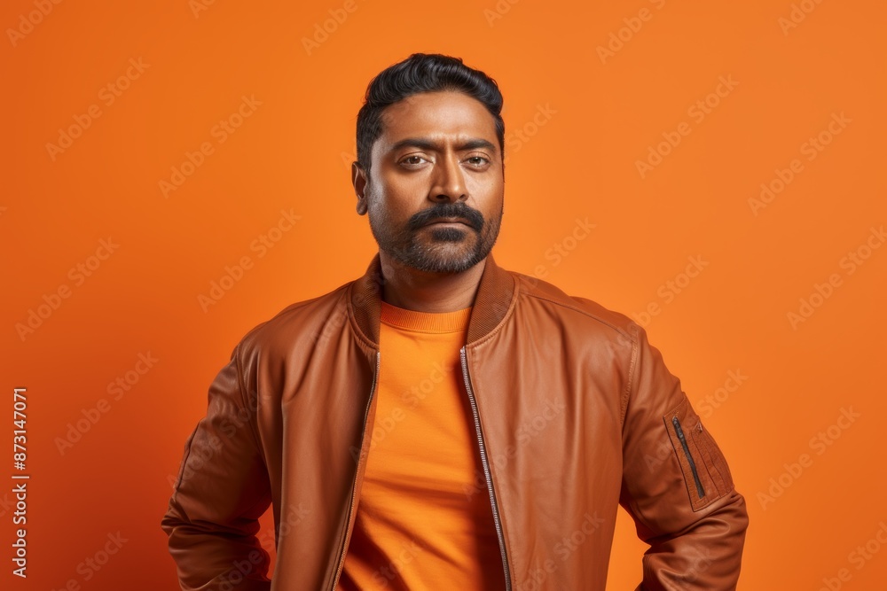 Portrait of a content indian man in his 40s wearing a trendy bomber jacket on soft orange background Portrait of a content indian man in his 40s wearing a trendy bomber jacket on soft orange background