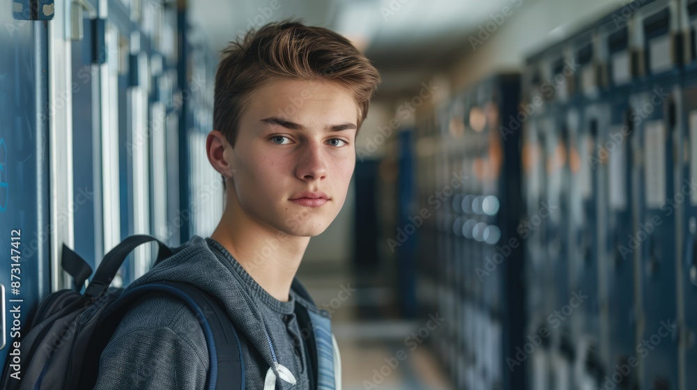 Boy, portrait and hallway as high school student by lockers with books for education, scholarship or campus. Male person, face and learning development with backpack in corridor, academic or study Boy, portrait and hallway as high school student by lockers with books for education, scholarship or campus. Male person, face and learning development with backpack in corridor, academic or study