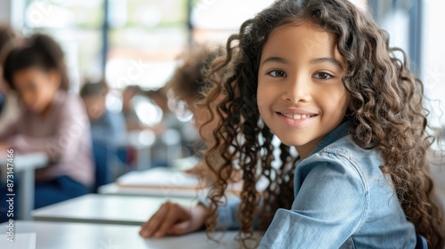 curly girl student in a school class at her desk. The concept of the beginning of the school year, learning, school