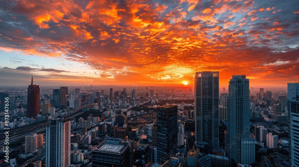 Obraz premium A city skyline at sunset, with the sky ablaze in shades of orange and red behind tall city buildings.