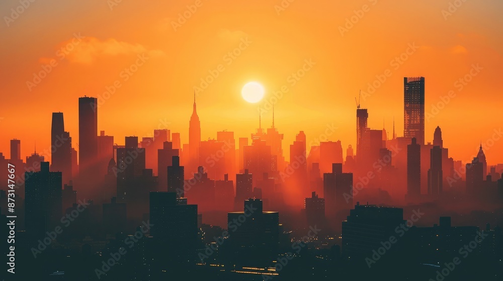 A city skyline at sunrise, with skyscrapers silhouetted against the orange glow of the morning sky.