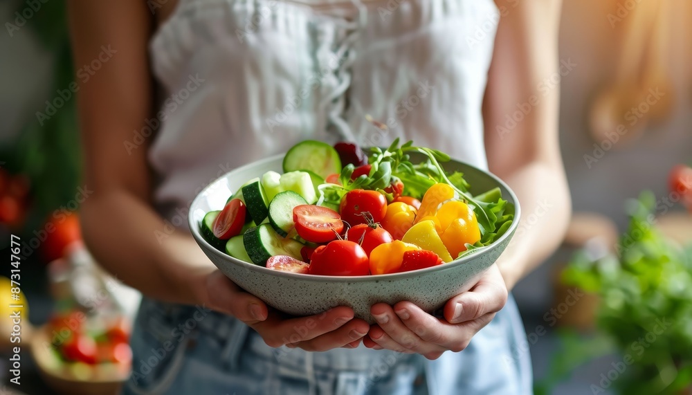 Woman Holding a Bowl of Fresh Garden Salad with Colorful Vegetables Woman Holding a Bowl of Fresh Garden Salad with Colorful Vegetables