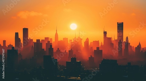 Obraz na płótnie A city skyline at sunrise, with skyscrapers silhouetted against the orange glow of the morning sky. w salonie