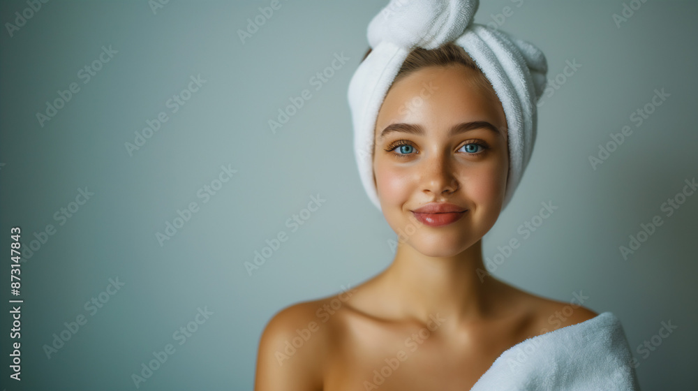 Close up portrait of caucasian young woman with towel wrapped hair, spa and skincare concept, copy space Close up portrait of caucasian young woman with towel wrapped hair, spa and skincare concept, copy space