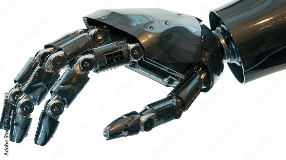 Robotic hand in formal attire reaching for isolated object against white backdrop Robotic hand in formal attire reaching for isolated object against white backdrop