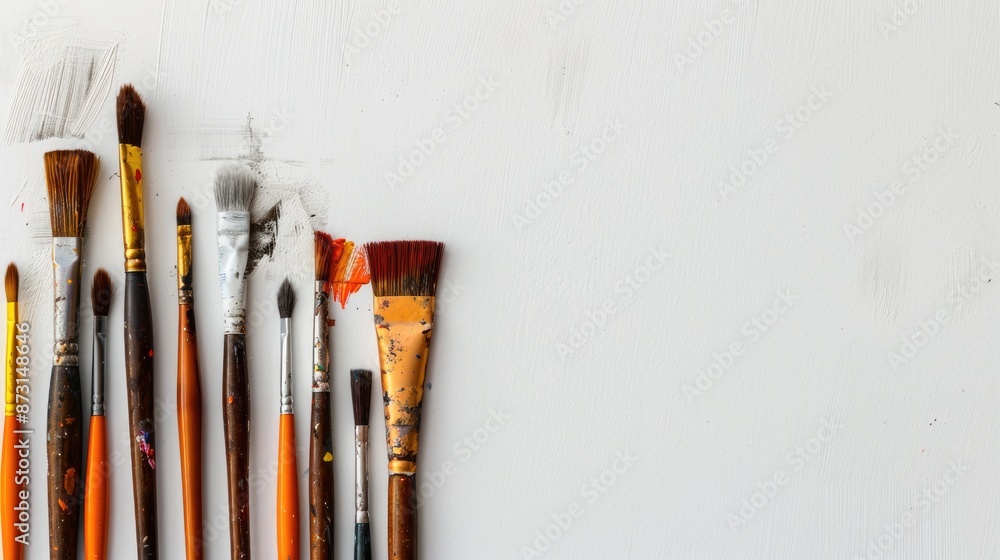 Fototapeta premium Set of used paint brushes arranged on white background with space for text top view