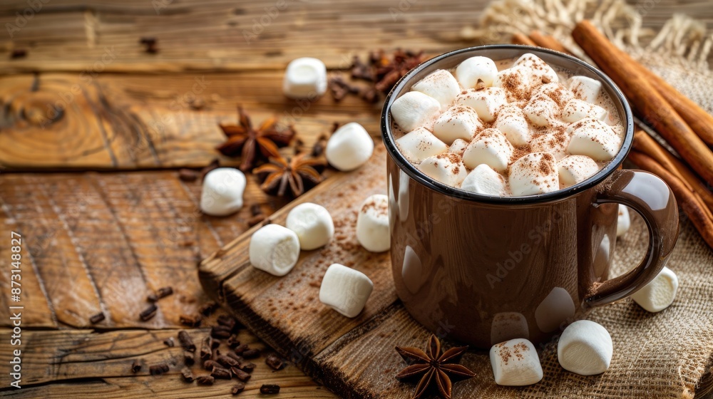 Marshmallow spiced hot cocoa on wooden table focus on ingredients space for text Marshmallow spiced hot cocoa on wooden table focus on ingredients space for text