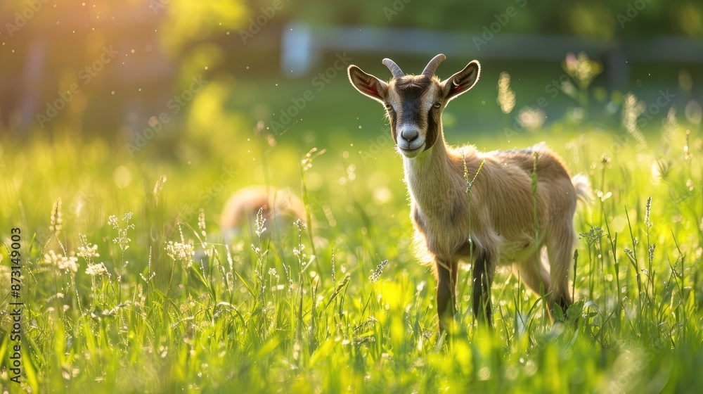 Goat grazing in green pasture in the spring Goat grazing in green pasture in the spring