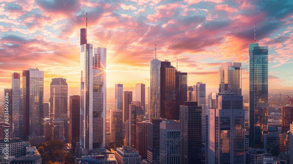 Fototapeta premium A city skyline at sunset, with the last rays of sunlight painting the skyscrapers in warm shades of pink and gold.