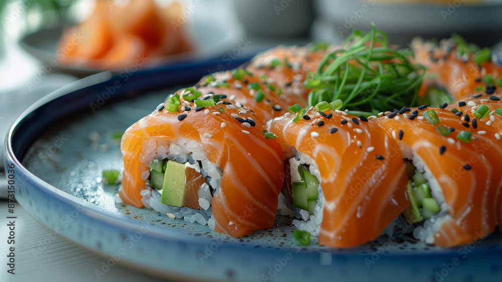 Close-up of sushi topped with salmon, avocado, and garnished with greens. Close-up of sushi topped with salmon, avocado, and garnished with greens.