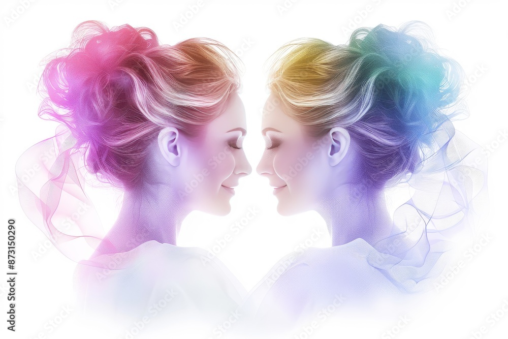 Whimsical illustration of two women with colorful hair, symbolizing creativity and individuality with vibrant hues. Whimsical illustration of two women with colorful hair, symbolizing creativity and individuality with vibrant hues.