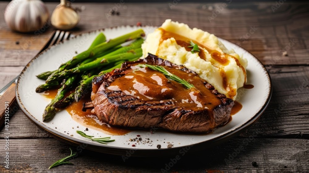 Plate of steak with mashed potatoes, gravy, and asparagus, on a worn wooden table, isolated background, studio lighting, dark background Plate of steak with mashed potatoes, gravy, and asparagus, on a worn wooden table, isolated background, studio lighting, dark background