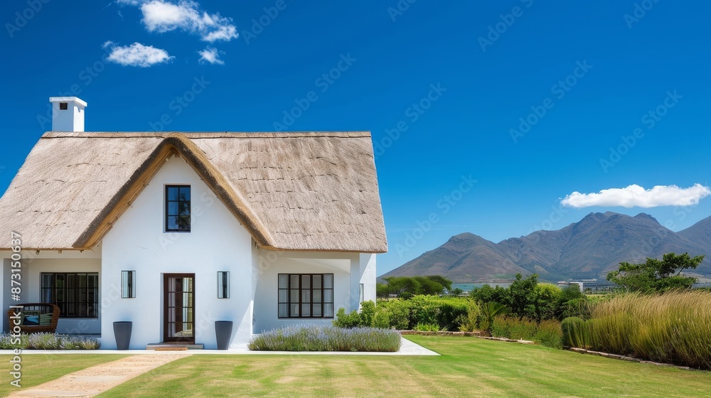 Quaint white house featuring a thatched roof, expansive field backdrop, bathed in clear blue sky, tranquil and beautiful setting Quaint white house featuring a thatched roof, expansive field backdrop, bathed in clear blue sky, tranquil and beautiful setting