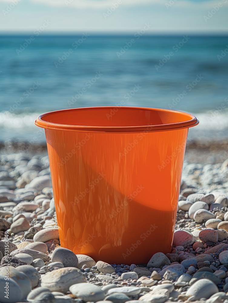 Orange bucket on pebble beach by the sea on a sunny day. Orange bucket on pebble beach by the sea on a sunny day.