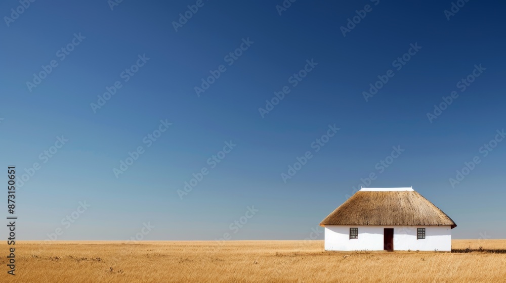 Quaint white house featuring a thatched roof, expansive field backdrop, bathed in clear blue sky, tranquil and beautiful setting Quaint white house featuring a thatched roof, expansive field backdrop, bathed in clear blue sky, tranquil and beautiful setting