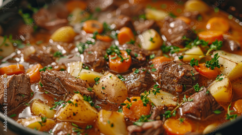 Beef stew with vegetables in a hearty broth. Beef stew with vegetables in a hearty broth.