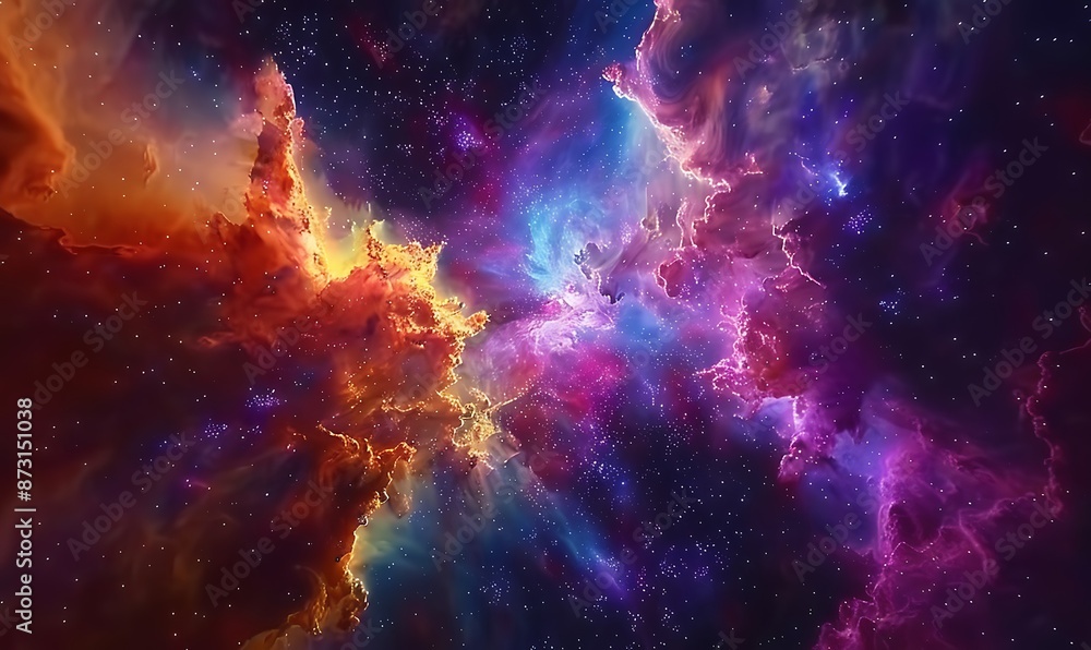 Obraz premium Cosmic Nebula with Explosive Colors and Starbursts, Galactic Abstract Wallpaper