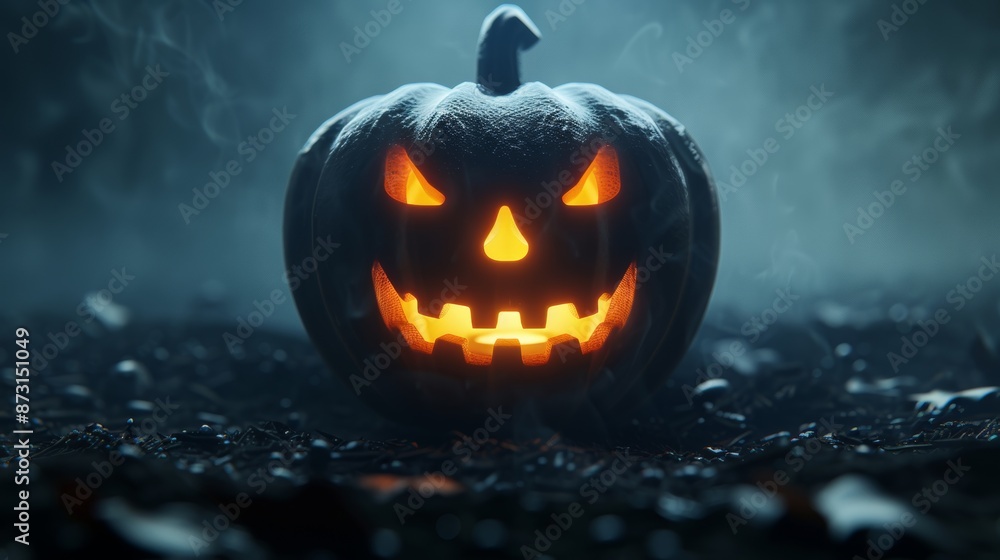Scary pumpkin with glowing eyes and a grimacing face, dark backdrop, highly detailed, eerie and atmospheric Scary pumpkin with glowing eyes and a grimacing face, dark backdrop, highly detailed, eerie and atmospheric