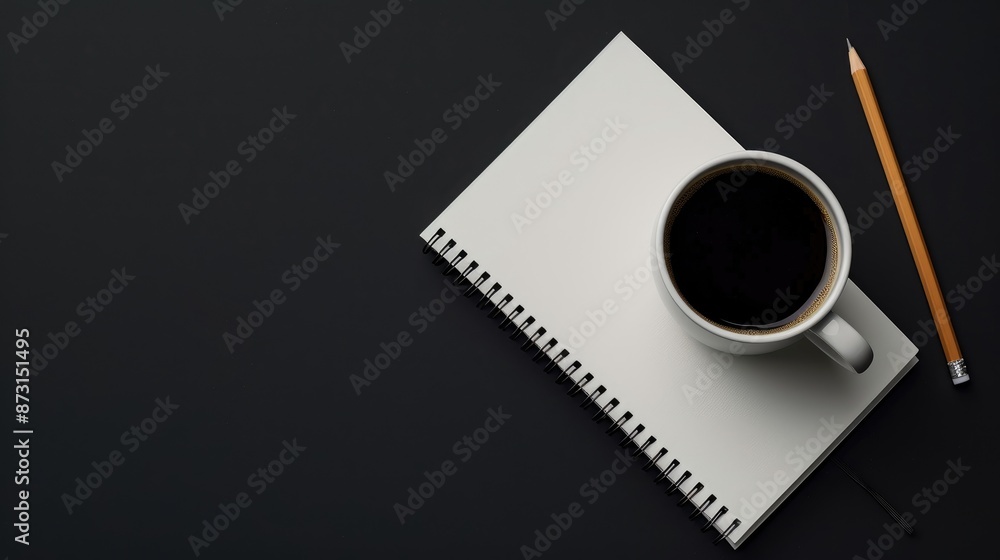 Compact Office Desk with Notebook Pencil and Coffee Cup from Above on Black Background Compact Office Desk with Notebook Pencil and Coffee Cup from Above on Black Background