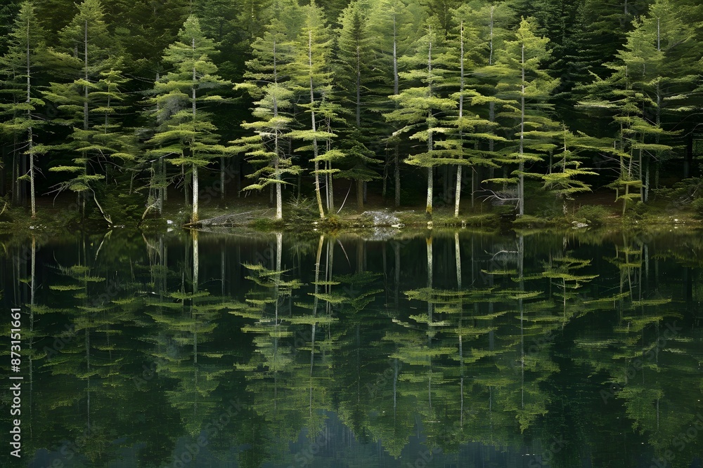 Reflected Serenity: Evergreen Trees Mirrored in a Tranquil Lake Reflected Serenity: Evergreen Trees Mirrored in a Tranquil Lake