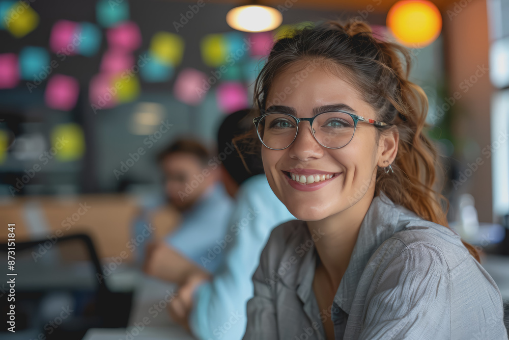 Fototapeta premium Happy Latin project manager woman holding brainstorming with colleagues in the office boardroom.