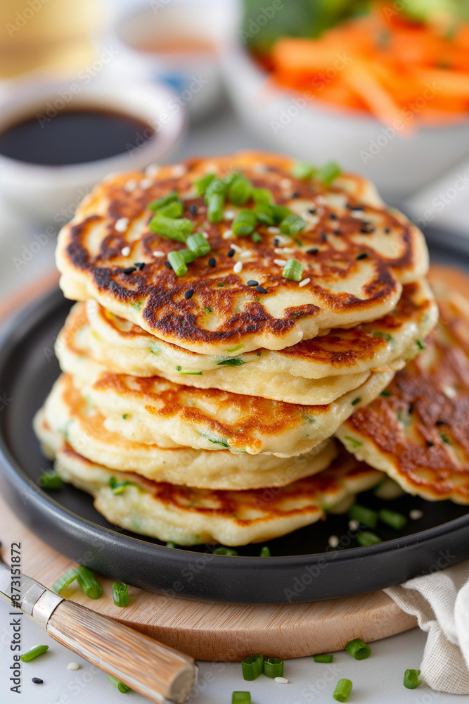 A stack of pancakes with green onions on top A stack of pancakes with green onions on top