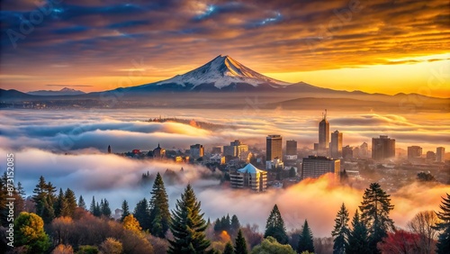 Vibrant sunrise illuminates fog-shrouded Portland cityscape with majestic snow-capped Mount Hood rising in the background amidst serene morning atmosphere. photo