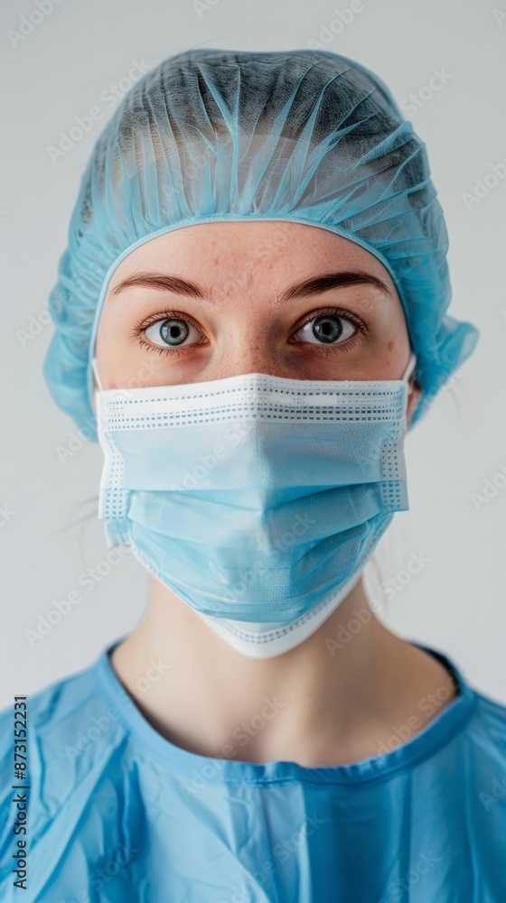 Front view of a nurse wearing a mask and cap. Perfect for themes related to healthcare, professionalism, and patient care. Front view of a nurse wearing a mask and cap. Perfect for themes related to healthcare, professionalism, and patient care.