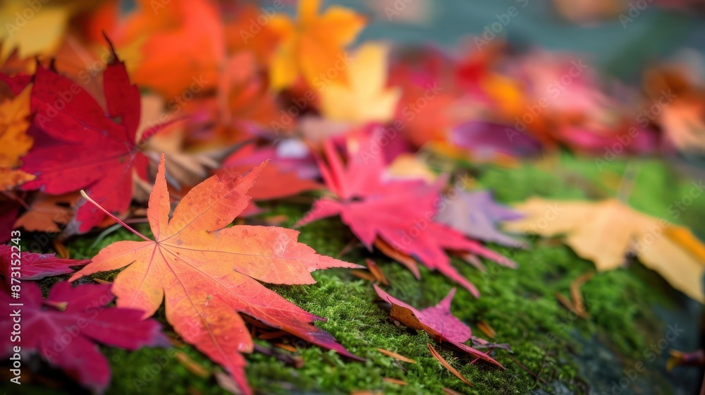 cool background of colorful fallen autumn leaves, showcasing a vibrant mix of red maple leaves against a soft, mossy green forest floor.