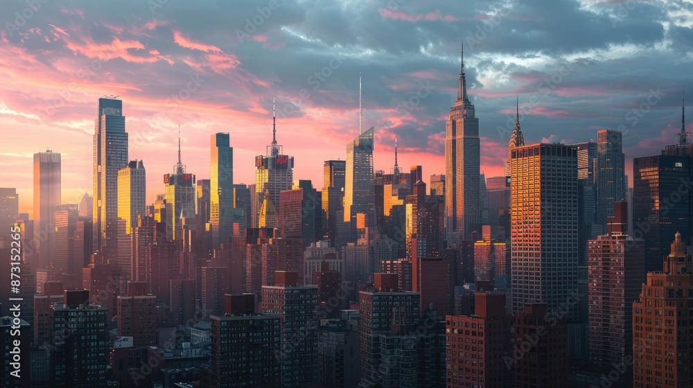 Fototapeta premium A city skyline at sunset, with the last rays of sunlight painting the skyscrapers in warm shades of pink and gold.