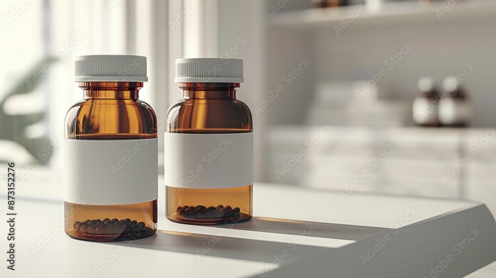 Minimalistic close-up of two prescription bottles with blank labels, placed on a sleek white table, illustration background Minimalistic close-up of two prescription bottles with blank labels, placed on a sleek white table, illustration background
