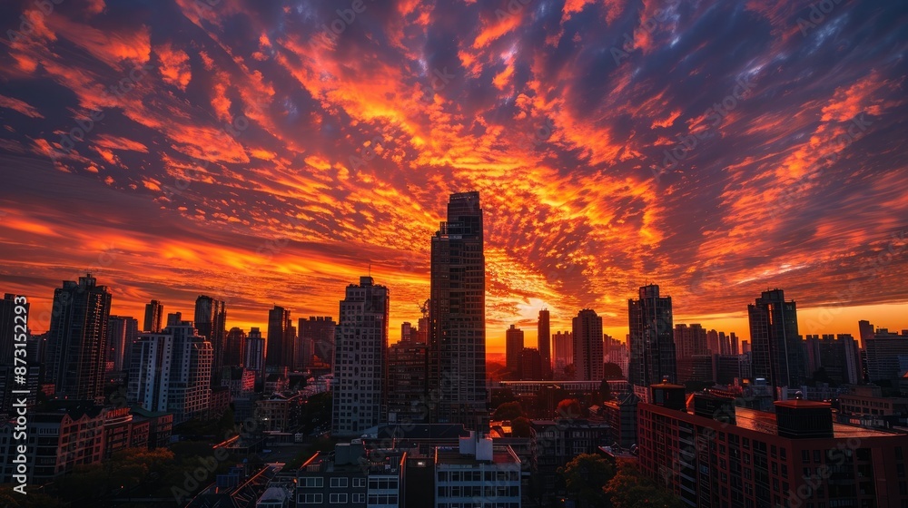 Fototapeta premium A city skyline at sunset, with the sky ablaze in shades of orange and red behind tall city buildings.